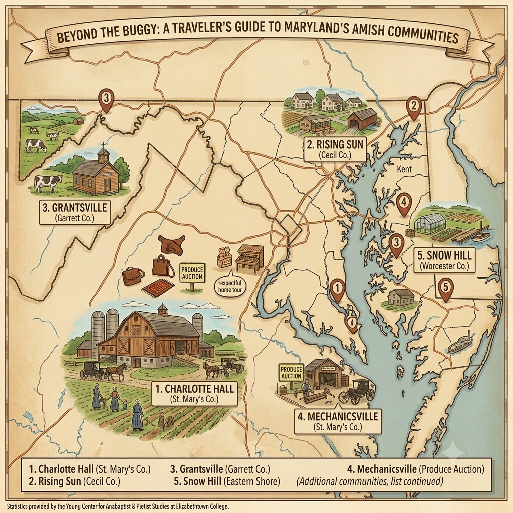 # Simple Living in the Old Line State: A Traveler’s Guide to Maryland’s Amish Communities While Maryland is often associated with Chesapeake Bay crabs and coastal history, it is also home to a quiet, steadfast Amish population. With an estimated 2,000 residents, Maryland’s Amish communities are smaller and more dispersed than those in neighboring Pennsylvania, offering a uniquely serene experience for travelers who appreciate rural landscapes and traditional craftsmanship. Here is a guide to Maryland’s Amish settlements, where the pace of life remains measured by the sun and the season. --- ### 1. St. Mary’s County (Mechanicsville & Charlotte Hall) * **Population:** ~1,570 * **Founded:** 1940 * **The Vibe:** This is the heartbeat of Maryland’s Amish presence. Spanning the rural roads of Mechanicsville, Charlotte Hall, and Loveville, this community is the state's largest and most visitor-accessible settlement. * **Traveler’s Insight:** If you visit, head to the "Loveville" area. You’ll find farm markets, leather shops, and the famous Loveville Produce Auction. The region is perfect for a scenic drive along routes 236 and 247, where you can spot traditional grey-topped buggies and visit local shops for handmade quilts and furniture. ### 2. Union Mills (Carroll County) * **Population:** ~200 * **Founded:** 2002 * **The Vibe:** As Maryland’s youngest and second-largest community, Union Mills has grown rapidly in its two decades of existence. * **Traveler’s Insight:** Located in the north-central part of the state, this community has a "spillover" feel, as it is part of a larger multi-state settlement that reaches across the border into Pennsylvania. It is a quiet, industrious community that reflects the expansion of the nearby Lancaster County traditions. ### 3. Oakland (Garrett County) * **Population:** ~135 * **Founded:** 1850 * **The Vibe:** History runs deep here. As Maryland’s oldest Amish community, Oakland has maintained a presence in the western mountains for over 170 years. * **Traveler’s Insight:** This community is unique for its association with the "New Order" Amish, who permit electricity in their homes. It is a rare, secluded settlement that even includes a small number of converts, a fascinating anomaly in the broader Amish world. ### 4. Cecil County (Rising Sun & North East) * **Population:** Varies (often categorized as Lancaster "spillover") * **The Vibe:** Situated just south of the Pennsylvania border, this area is home to families who are technically part of the broader Lancaster County settlement. * **Traveler’s Insight:** While not always officially tallied in every census, many observers note a growing number of Amish families in the fields near Rising Sun and North East. It is a less formal tourist destination, best experienced by enjoying the rolling, agricultural vistas of Northern Maryland. --- ### Travel Tips for Visiting * **Observe with Respect:** These areas are working farms and private residences. When driving the backroads, please be mindful of horse-drawn buggies and always yield the right of way. * **Sundays are for Rest:** As is standard in Amish culture, all shops and businesses will be closed on Sundays as the community focuses on faith and family. * **Bring Cash:** Many small farm stands and craft shops are cash-only. Having small bills will make your purchases at local markets much easier. *Statistics and community profiles are based on data from the Young Center for Anabaptist & Pietist Studies at Elizabethtown College and regional reporting.* --- Maryland travel, Amish communities, Visit Maryland, St. Marys County, Southern Maryland, Amish life, Mechanicsville MD, Carroll County, Garrett County, Amish shops, rural Maryland, cultural tourism, Oakland MD, travel guide, Midwestern traditions, authentic travel, Amish heritage, farm markets, scenic driving, East Coast Amish. [Maryland is home to both Amish and Mennonite communities](https://www.youtube.com/shorts/D_y8VNe9dwA) This short video provides a helpful overview of the presence of Amish and Mennonite communities in Maryland, confirming their historic ties to the region and the lifestyle differences found in different counties.