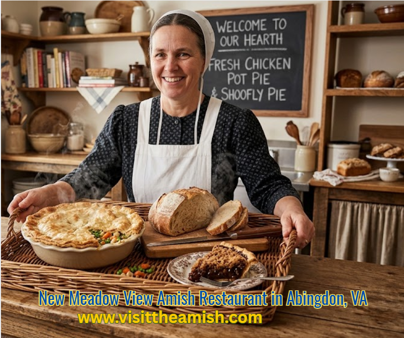A smiling Mennonite employee in traditional attire standing by a rustic wooden counter, holding a large woven tray filled with fresh, steaming chicken pot pie, a warm loaf of sourdough bread, and a slice of bubbling shoofly pie.